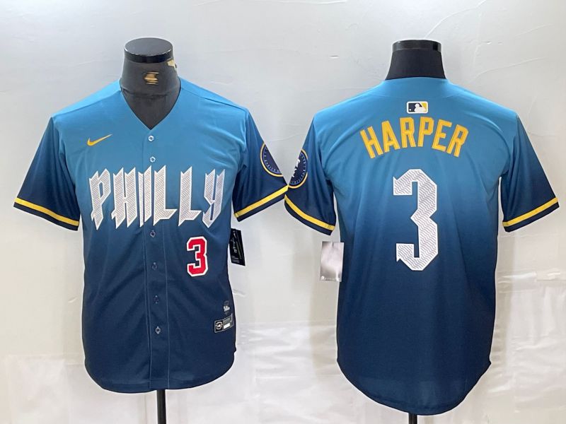 Men Philadelphia Phillies 3 Harper Blue City Edition Nike 2024 MLB Jersey style 4